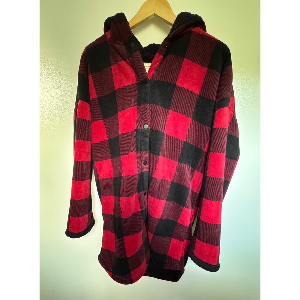 Boston Traders Red Black Buffalo Plaid Sherpa Lined Hooded Shacket Womens S/M